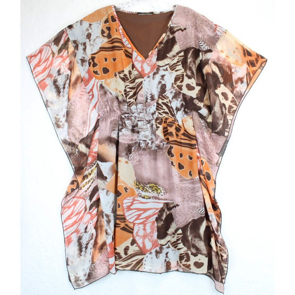 Madison Paige Tunic Dress Kaftan Kimono Sleeve Women L Multicolor Tan Boho Beach